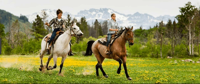 Confident plus-size woman riding Sonning a horse through a field with a smile on her face.